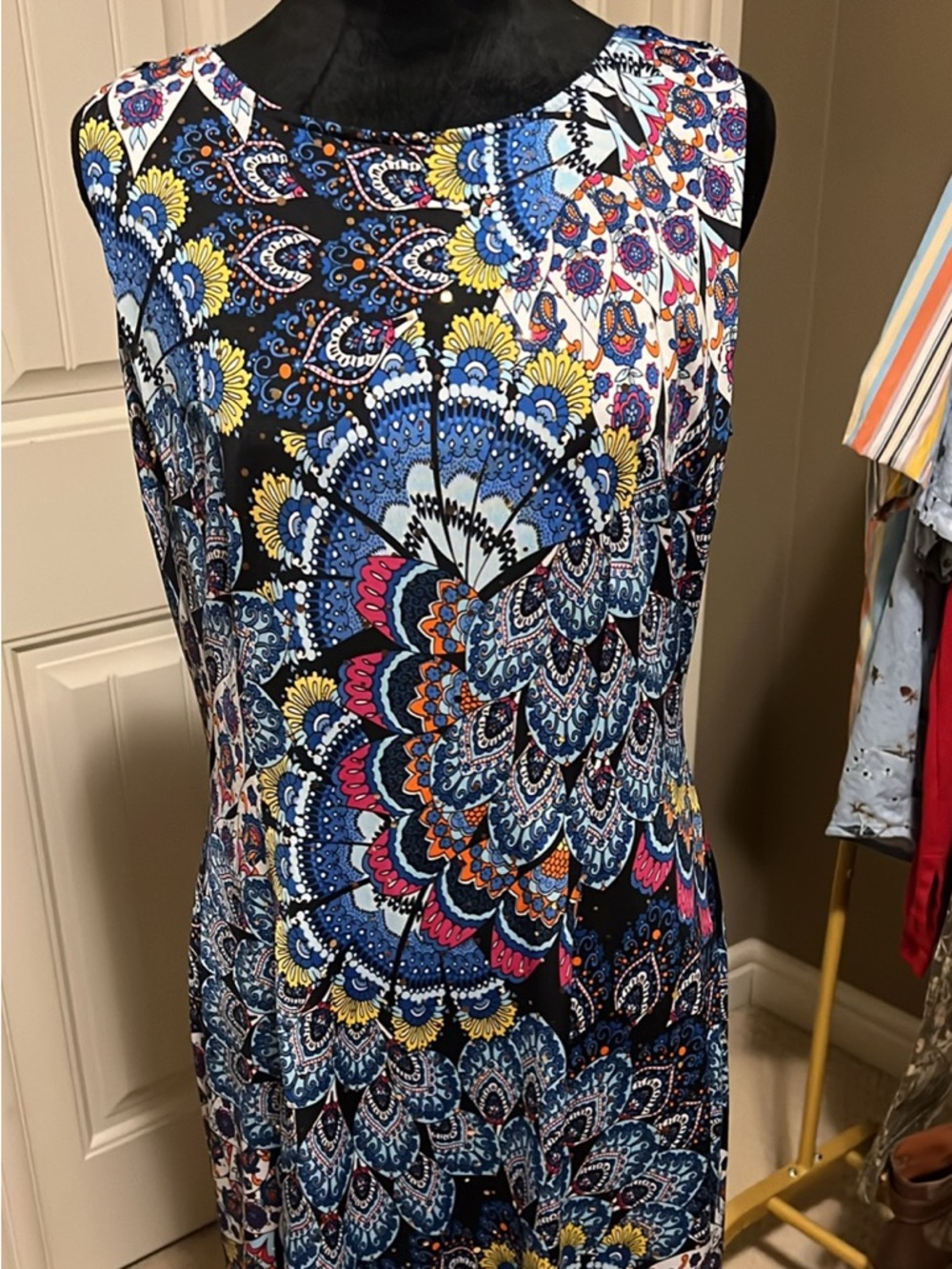 Joseph Ribkoff Blue Peacock Multi Floral Medallion Sleeveless Dress
